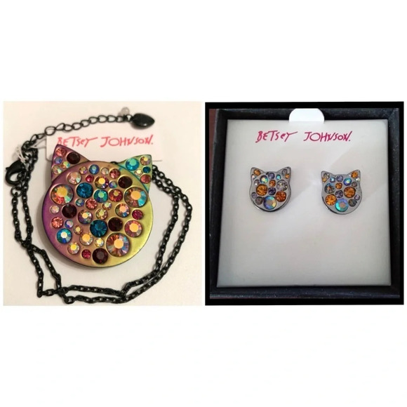 BETSEY JOHNSON SET Halloween Cat Head Crystals in Gunmetal Earrings Necklace NWT - Picture 1 of 13